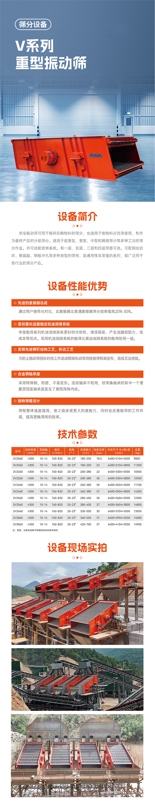 華寶礦機V系重型振動篩設(shè)備技術(shù)參數(shù)